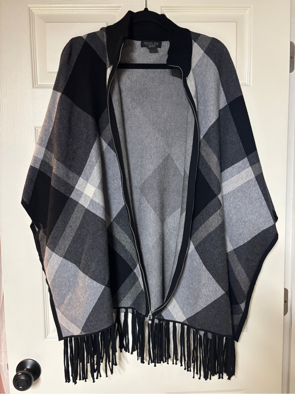 Rachel Zoe Black and Gray Plaid Fringe Zip Poncho Cape